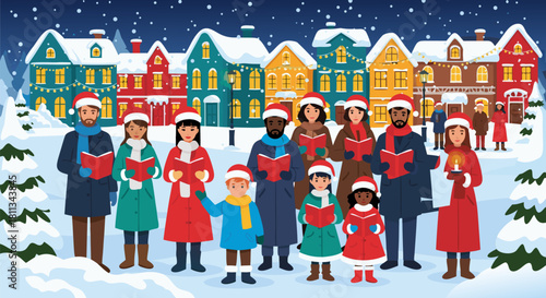 A joyful diverse community choir sings Christmas carols in a beautiful snowy winter village under a starry night sky, spreading holiday cheer and togetherness