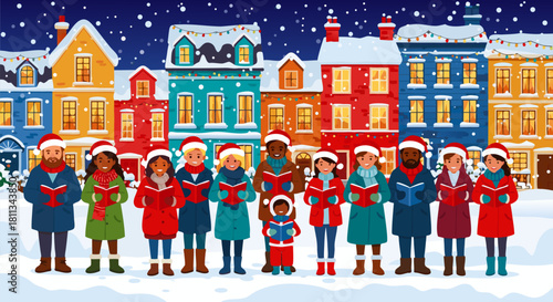 Festive Carolers in a Snowy Village A Cheerful Christmas Scene with Colorful Houses and Holiday Cheer