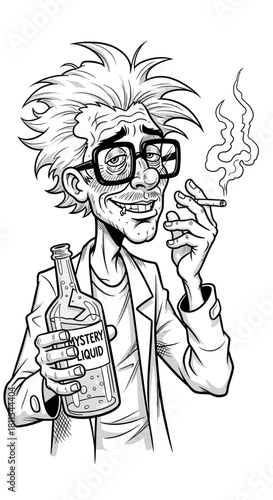 A black and white cartoon illustration of a disheveled, mad scientist-like man with wild hair, glasses, a lab coat, smoking a cigarette and holding a bottle of "MYSTERY LIQUID".