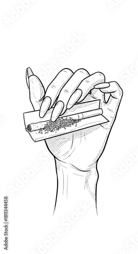 Black and white line art illustration of a hand with long nails preparing to roll a cigarette or joint.