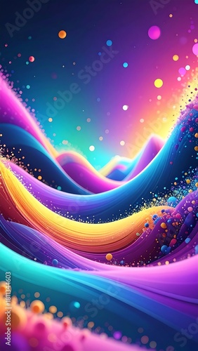 Colorful wave landscape with vibrant light and dots, abstract fantasy scene