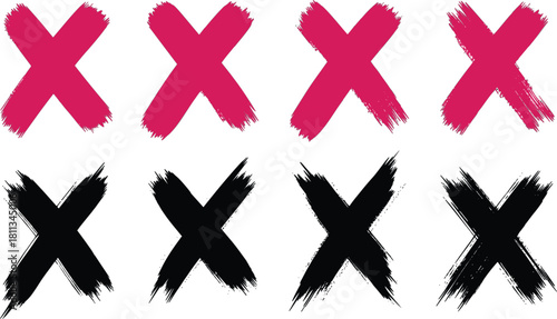 Set of eight black  and red crosses painted with a brush isolated on grunge cross sign brush strokes cross check mark symbol x mark graphic element