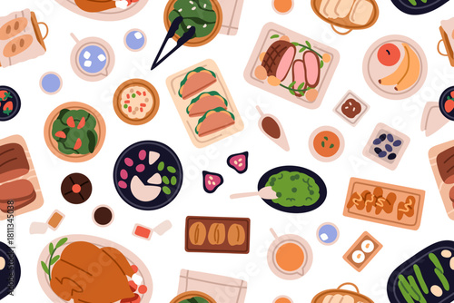 Food and dishes, seamless pattern. Endless background with plates, bowls, meat, vegatable meals and salad, snacks. Repeating culinary print, texture design for kitchen. Flat vector illustration