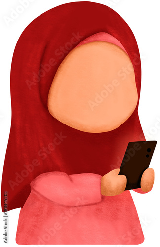 Illustration of a Muslim woman wearing a hijab holding a smartphone