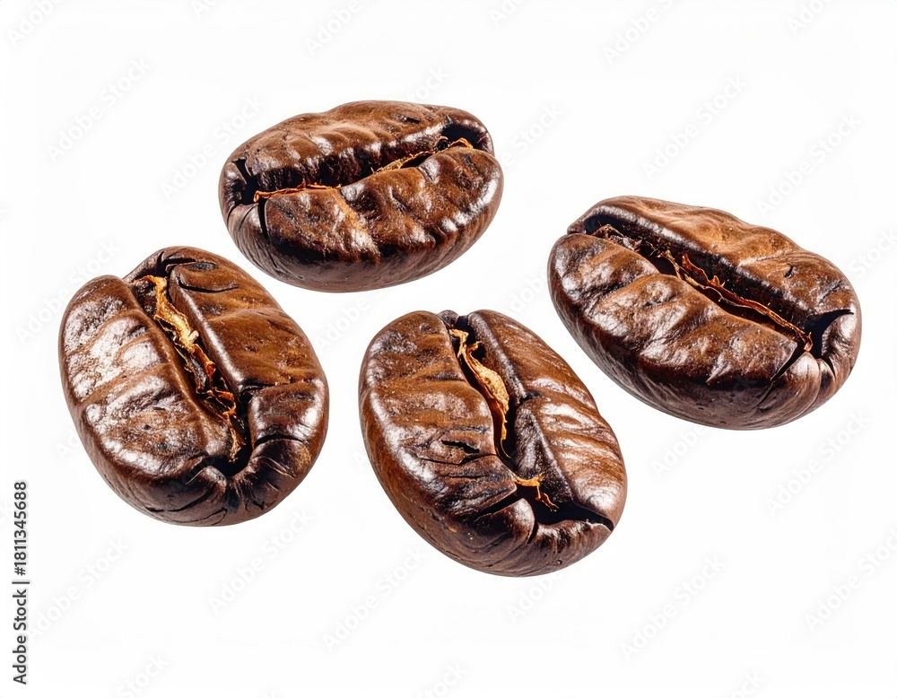 Obraz premium Four roasted coffee beans on a white background
