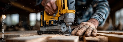 Using a pneumatic nail gun, a professional carpenter