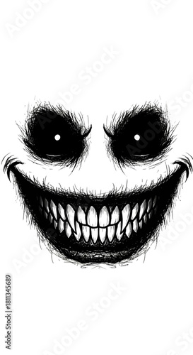 A sinister, grinning face with sharp teeth and dark, intense eyes, rendered in a scratchy, horror-style black and white illustration.
