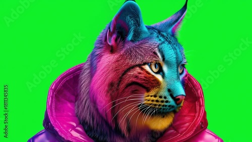 Colorful Lynx with Vibrant Patterns Wearing a Stylish Jacket Against a Bright Green Background