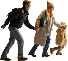 Happy family walking hand in hand in winter casual clothing on transparent background. Concept of lifestyle movement visuals, tourism promotions, and family advertising