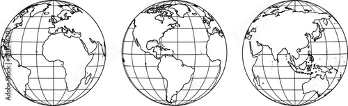 Three globes with continents isolated on world map earth globe icon vector illustration of earth globe earth globe symbol