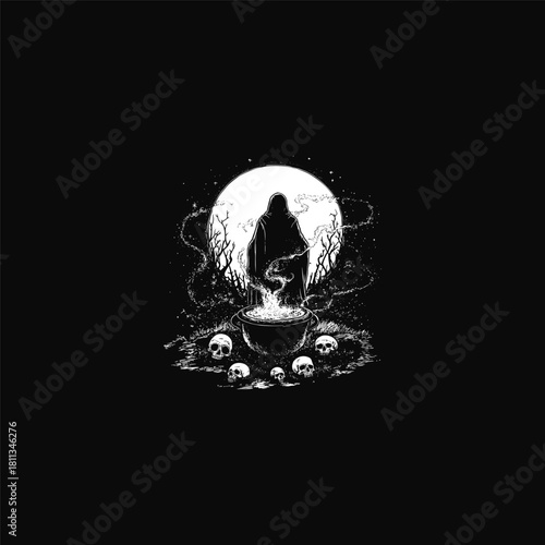 Dark illustration of a mysterious hooded Hermit figure performing a ritual over a smoking cauldron under a full moon, symbolizing solitude, occult, and spiritual guidance.