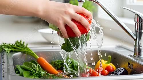 Fresh vegetables getting a vibrant, healthy wash under running water for a nutritious meal