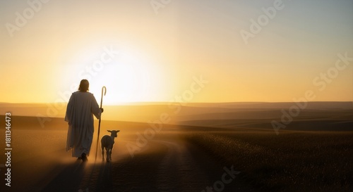 Silhouette of the Good Shepherd guiding a sheep with a staff into golden light