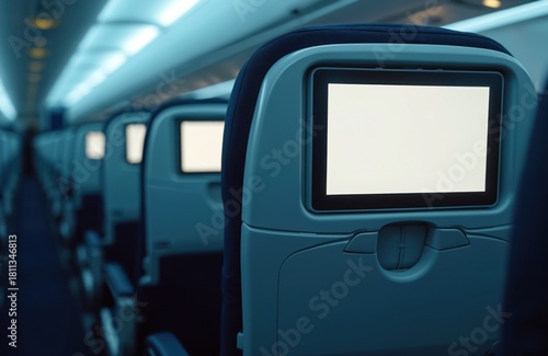 Wallpaper Mural Row of airplane seats with blank screens on backrests. Empty passenger seats in cabin, ready for flight. Interior view of aircraft with available copy space. Torontodigital.ca