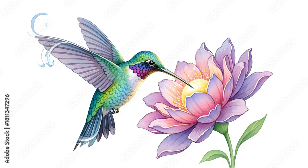Fototapeta premium Hummingbird feeding on lotus flower isolated on transparent background