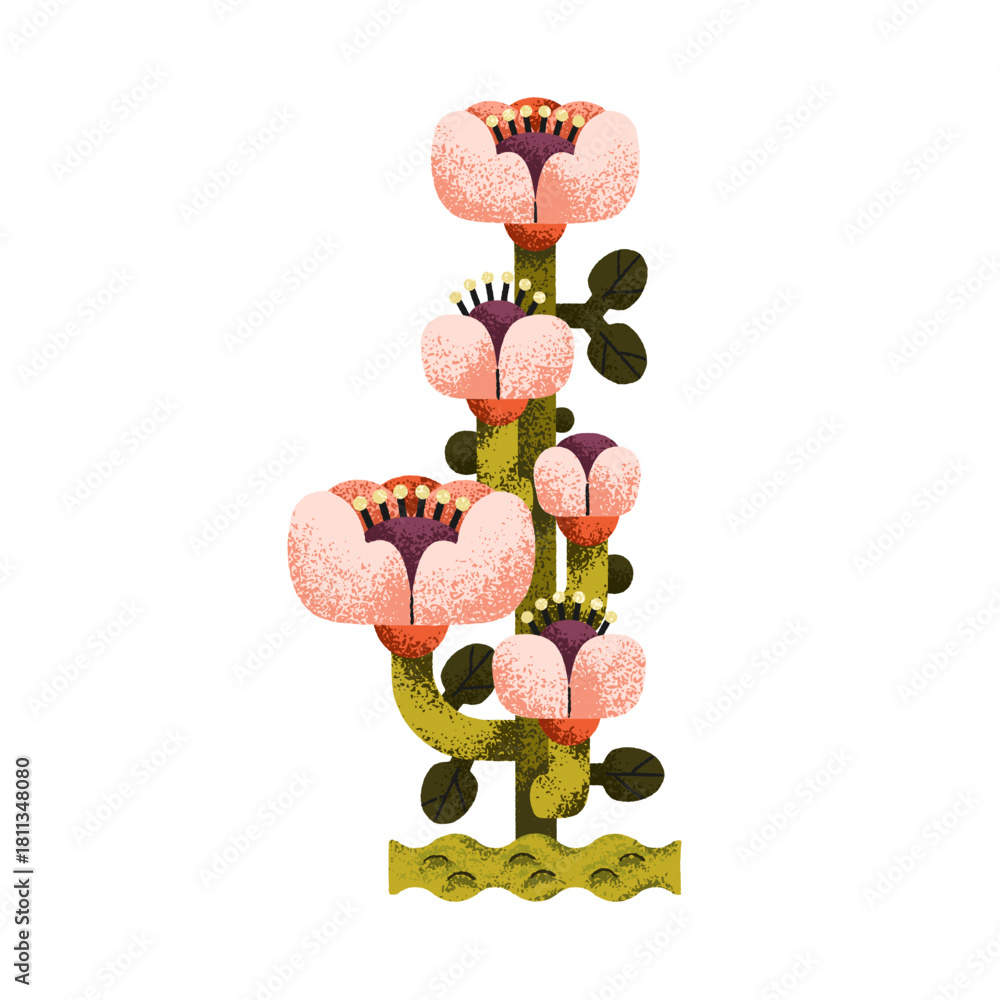 Fototapeta premium Flower blossoms and leaves, creative abstract plant. Blooming stem, garden branch in whimsical fantasy shape, style. Decorative summer flora. Flat vector illustration isolated on white background