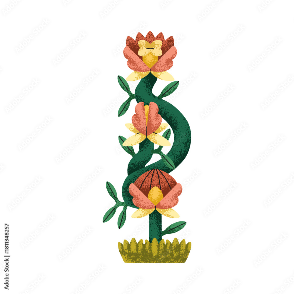 Naklejka premium Flower blossom with leaves. Stylized floral plant, garden blooms on branch. Abstract creative whimsical design element, quirky botanical fantasy. Flat vector illustration isolated on white background