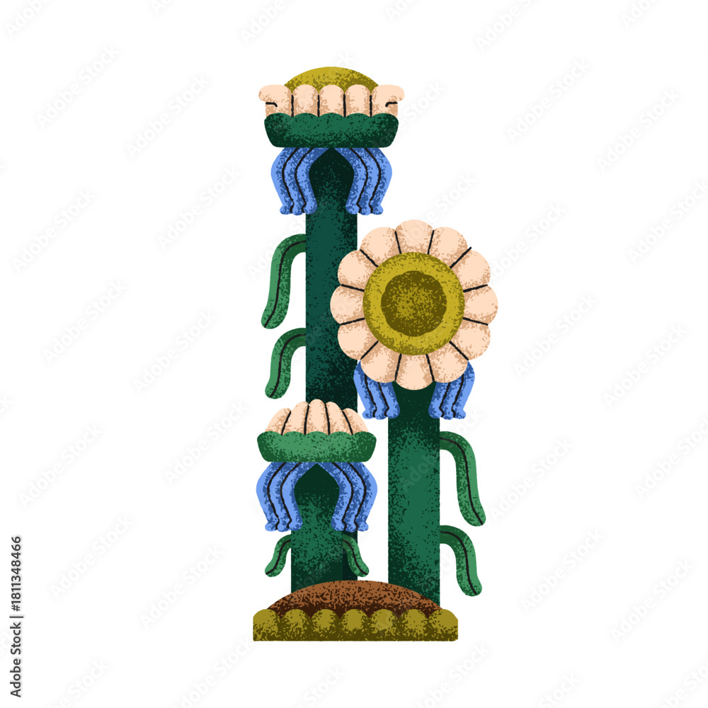 Naklejka premium Flower blossom, abstract creative floral plant, branch. Exotic botanical element with leaves and blooms in fantasy style. Whimsical nature. Flat vector illustration isolated on white background