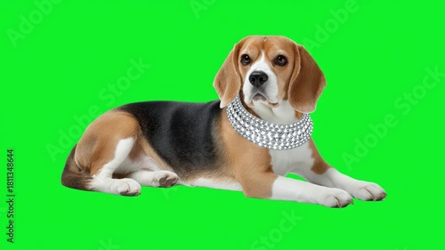 Elegant Beagle Dog Posing with Shiny Necklace on Bright Green Background for Animal Lovers and Pet Photography