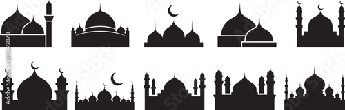 Collection of mosque silhouettes with crescent moons for islamic design