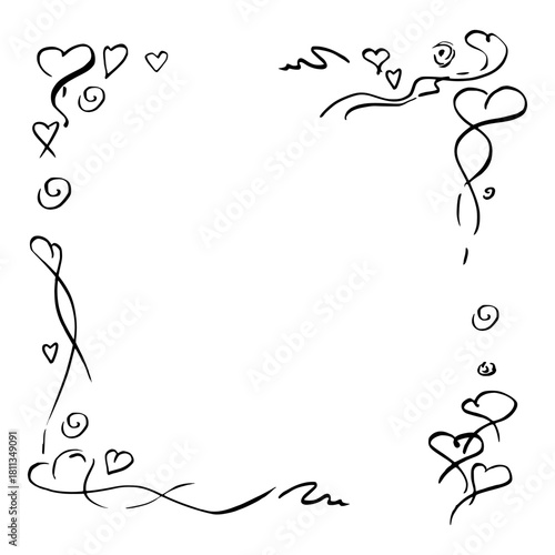 Continuous flowing line hearts arranged around square border with copy space, playful and tender. Hand drawn vector ink frame. Love-themed label, wedding blog design, romantic stationery template.