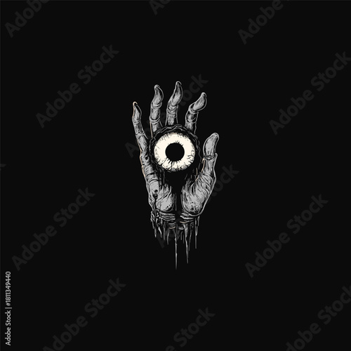 Grungy vector illustration of a skeletal hand holding a melting, dripping eyeball