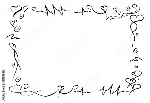 Cute playful hearts and heartbeat pulse symbols framing rectangle, modern clean simplistic design, whimsical doodles. Vector hand drawn ink illustration. Valentine printable border, romantic template.