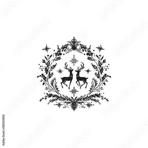 vector illustration featuring two detailed reindeer standing inside an ornate Christmas wreath or crest