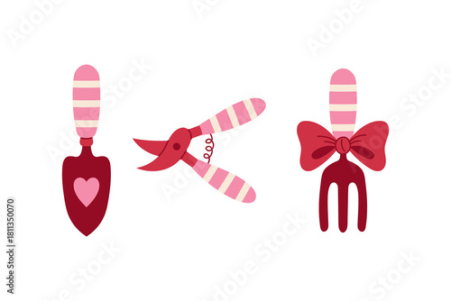 Pink Garden Tools Set. Cute Coquette Trowel Fork and Pruner Icons with striped handle and bow for Gardening work. Feminine style Flat Vector Illustration