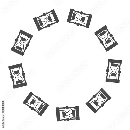 Hourglass Round Border. Time Sandglass Circle frame in playful doodle style. Vector illustration for hour minute second measurement