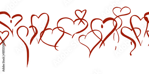 Sketch hearts hand drawn in pen and ink, connected as endless border, flowing calligraphic lines. Vector seamless banner illustration. Valentine template, romantic event design, digital stationery.
