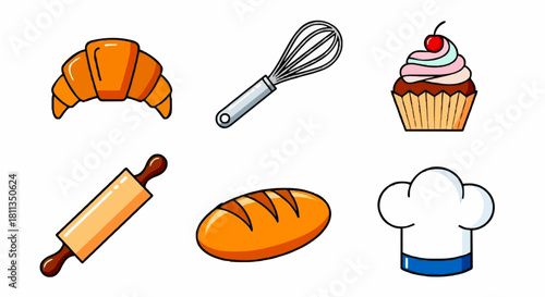 A collection of colorful cartoon baking icons including a croissant, whisk, cupcake, rolling pin, bread, and chef's hat.