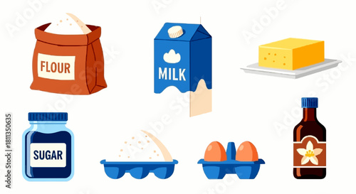 A collection of essential baking ingredients like flour, milk, butter, sugar, eggs, and vanilla, illustrated in a flat cartoon style.