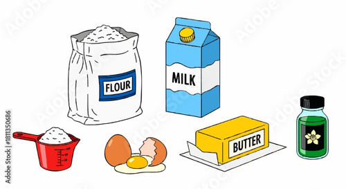 A colorful cartoon illustration of essential baking ingredients: flour, milk, butter, eggs, and vanilla extract on a white background.