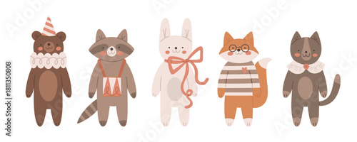 Cute animals. Cartoon bear, racoon, rabbit, fox and cat in vintage costumes. Vector set of design elements in flat style. Illustrations for Christmas, New Year or Birthday greeting cards.