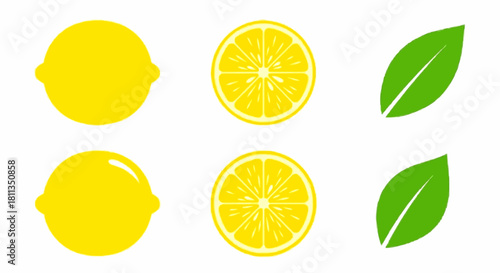 Two whole lemons, two lemon slices, and two green leaves arranged in two rows on a white background.