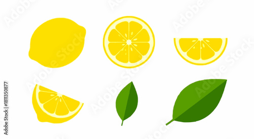 Illustration of a whole lemon, a lemon slice, a lemon half, and two green leaves on a white background.