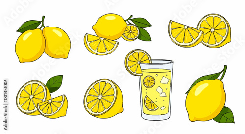 A collection of cartoon lemon illustrations, including whole fruits, slices, wedges, and a glass of lemonade.