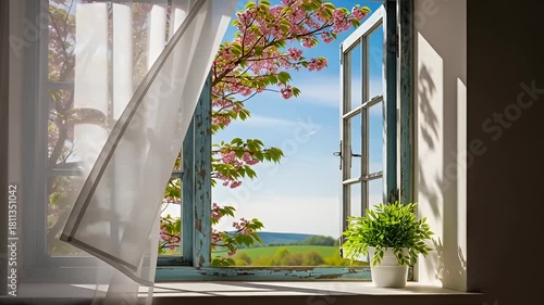 Spring breeze drifts through open window, bringing fresh air and cherry blossom scents inside