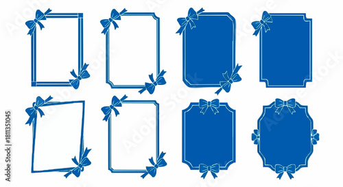 Eight blue decorative frames with ribbon bows in various shapes, arranged on a white background, creating elegant borders for invitations or announcements.