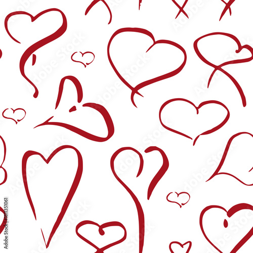 Freehand sketch hearts and tiny accents in repeating layout. Isolated seamless vector pattern illustration, hand drawn in ink. Valentine digital paper, family scrapbook texture, cute background.