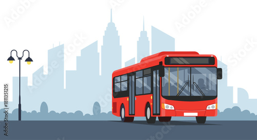 Vibrant red city bus driving toward cityscape with street light on route perfect for urban transit and transportation campaigns