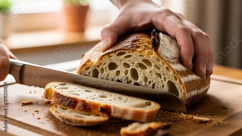 Slicing fresh sourdough bread on wooden board for artisan bakery video content creation now