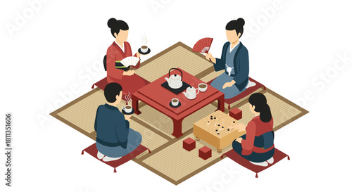 Elegant Japanese tea ceremony with friends, playing Go on tatami mats brings peaceful moments and meaningful connection in traditional style