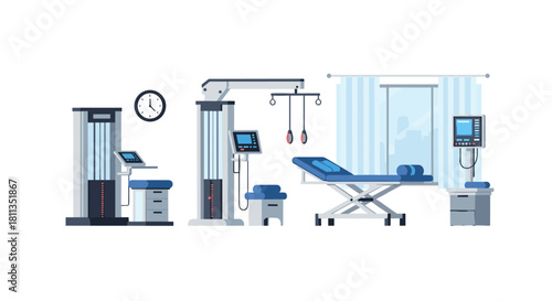 Modern hospital room with medical equipment ready for patient care, showcasing advanced healthcare technology and clean design for healing spaces