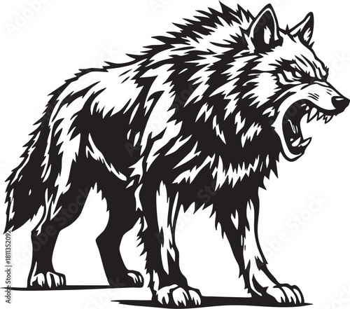 Aggressive Standing Wolf Snarling Vector Illustration. Wild Animal Black Silhouette Mascot, Power, and Strength Graphic.