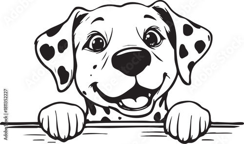 Cute Dalmatian Dog Peeking Over Border Vector Illustration. Happy Puppy Face with Paws, Cartoon Line Art for Children.