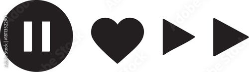 Media Player Control Buttons Vector Set. Pause, Like Heart, Skip Forward, and Next Track Music Interface Icons.