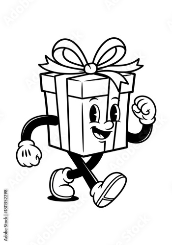 Black and white anthropomorphic gift box walking happily flat illustration