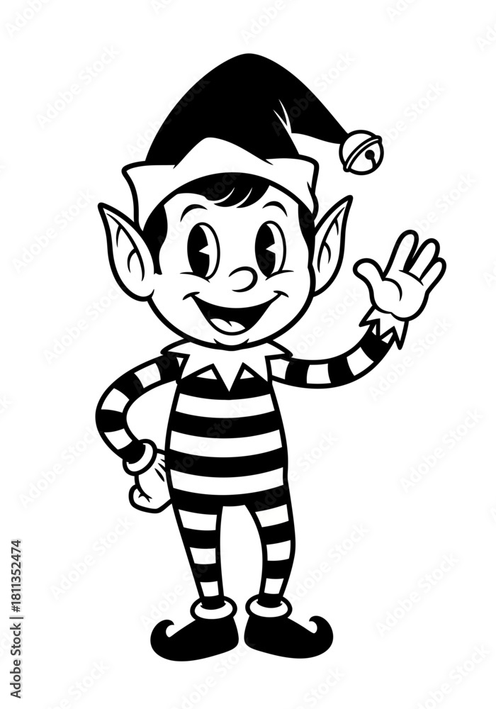 Obraz premium Retro black and white Christmas elf mascot waving hand flat illustration